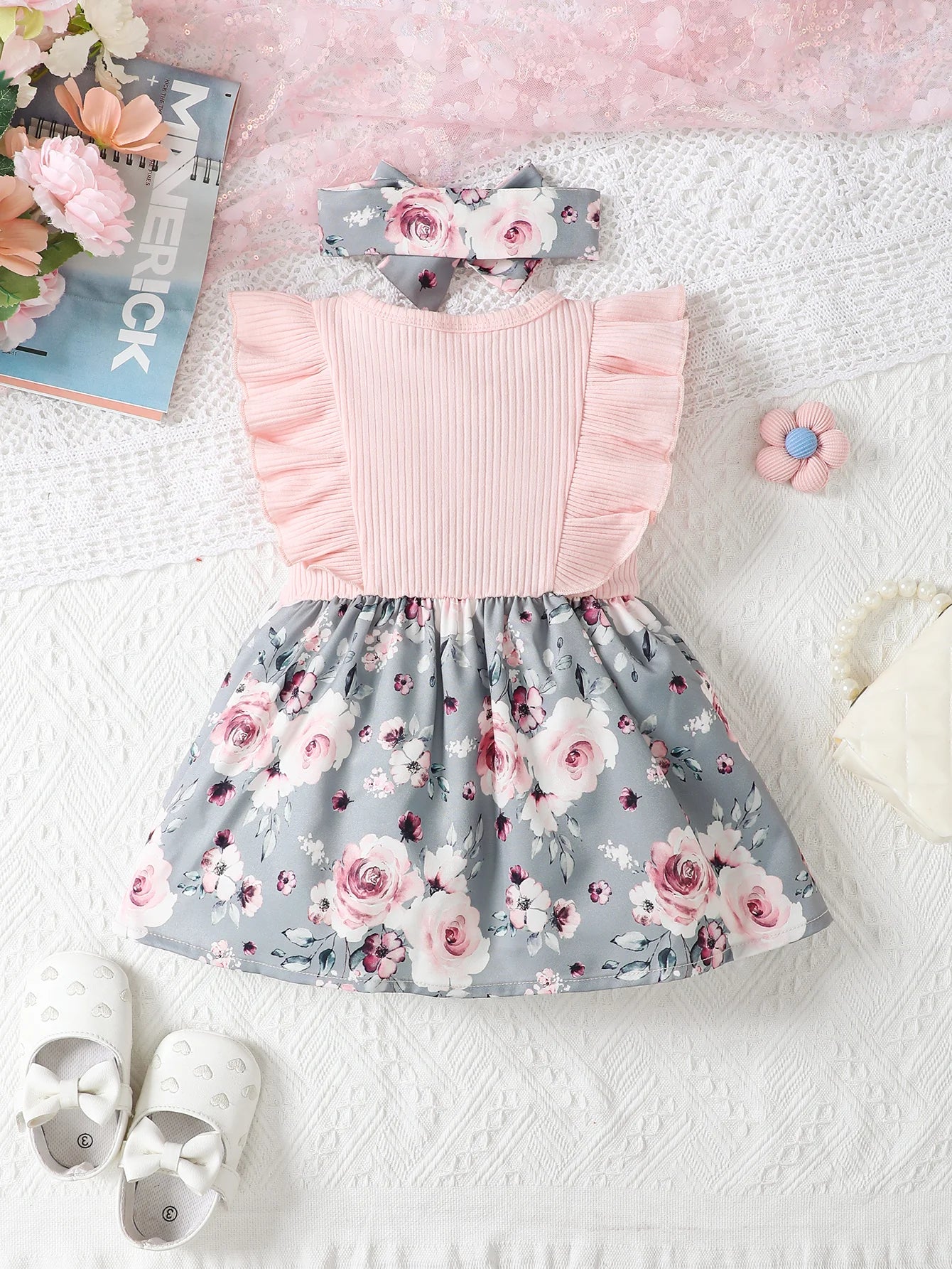0-2 Year Old Short Sleeved Round Neck Cute Casual Summer Cotton Bow Headscarf Girl Daily Dress Baby Wear