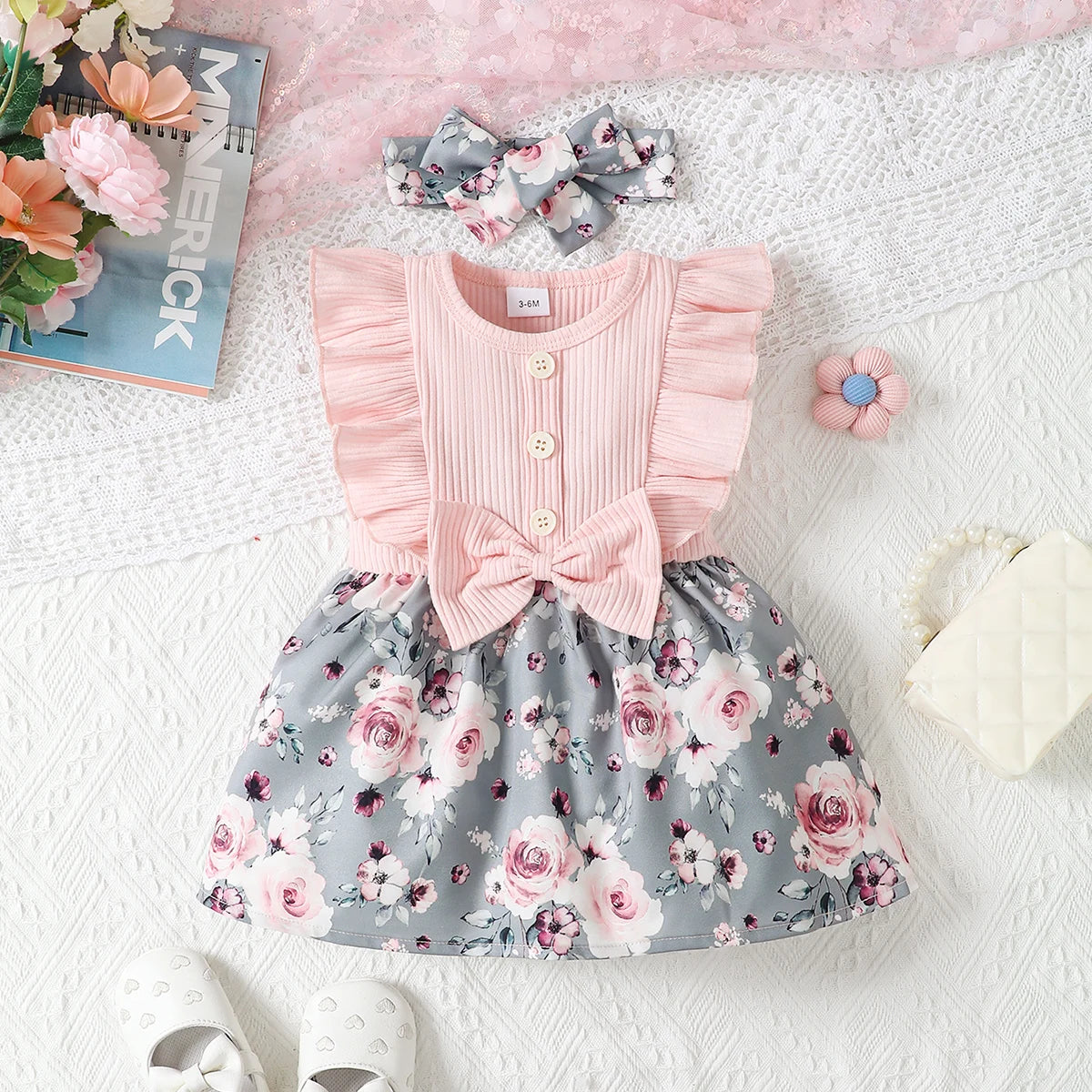 0-2 Year Old Short Sleeved Round Neck Cute Casual Summer Cotton Bow Headscarf Girl Daily Dress Baby Wear