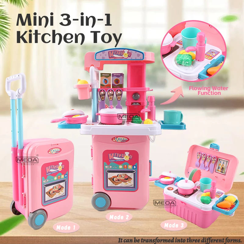 Mini 3-in-1 Kitchen Set Toy Kitchen Pretend Play Integrates Storage Boxes and Tableware Sets Portable Suitcase Cooking Kits Toys