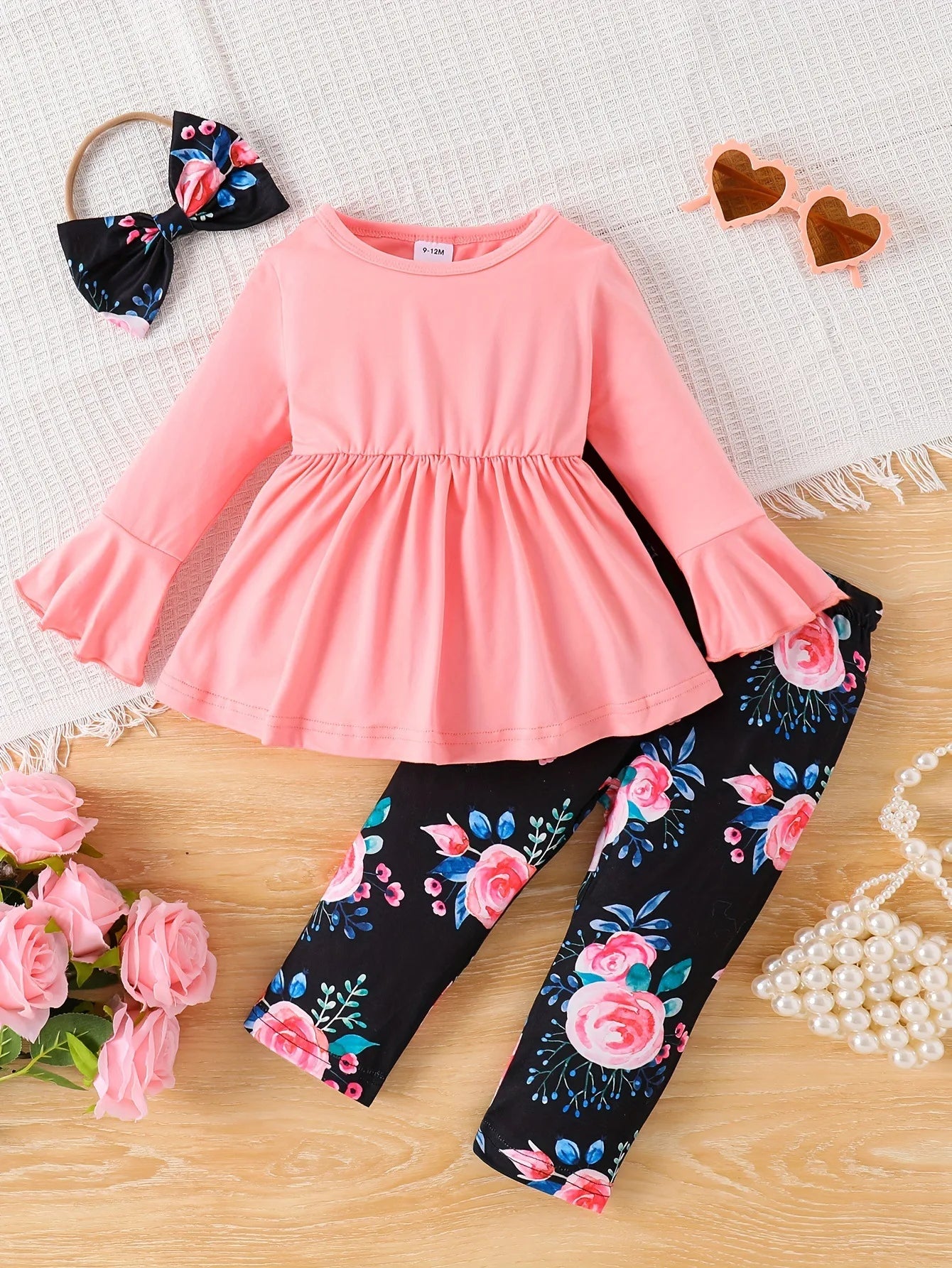 0-3 Year Old New Baby Girl Spring and Autumn Solid Color Pullover Horn Long sleeved Top Full Print Pants Set