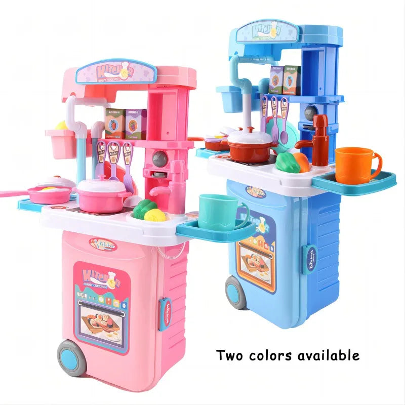 Mini 3-in-1 Kitchen Set Toy Kitchen Pretend Play Integrates Storage Boxes and Tableware Sets Portable Suitcase Cooking Kits Toys