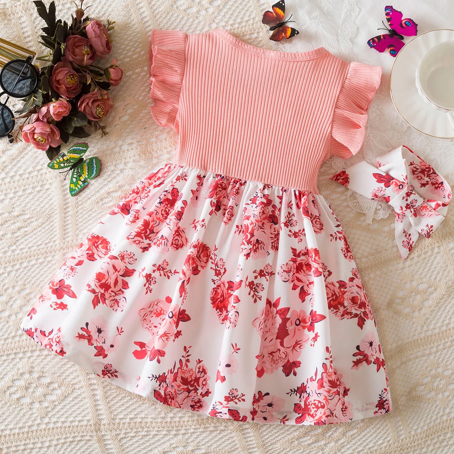 Dress for Kids Newborn 1-24Months Cute Bow Floral Dress for Short Sleeve 2025 New Summer Birthday Princess Dresses for Baby Girl