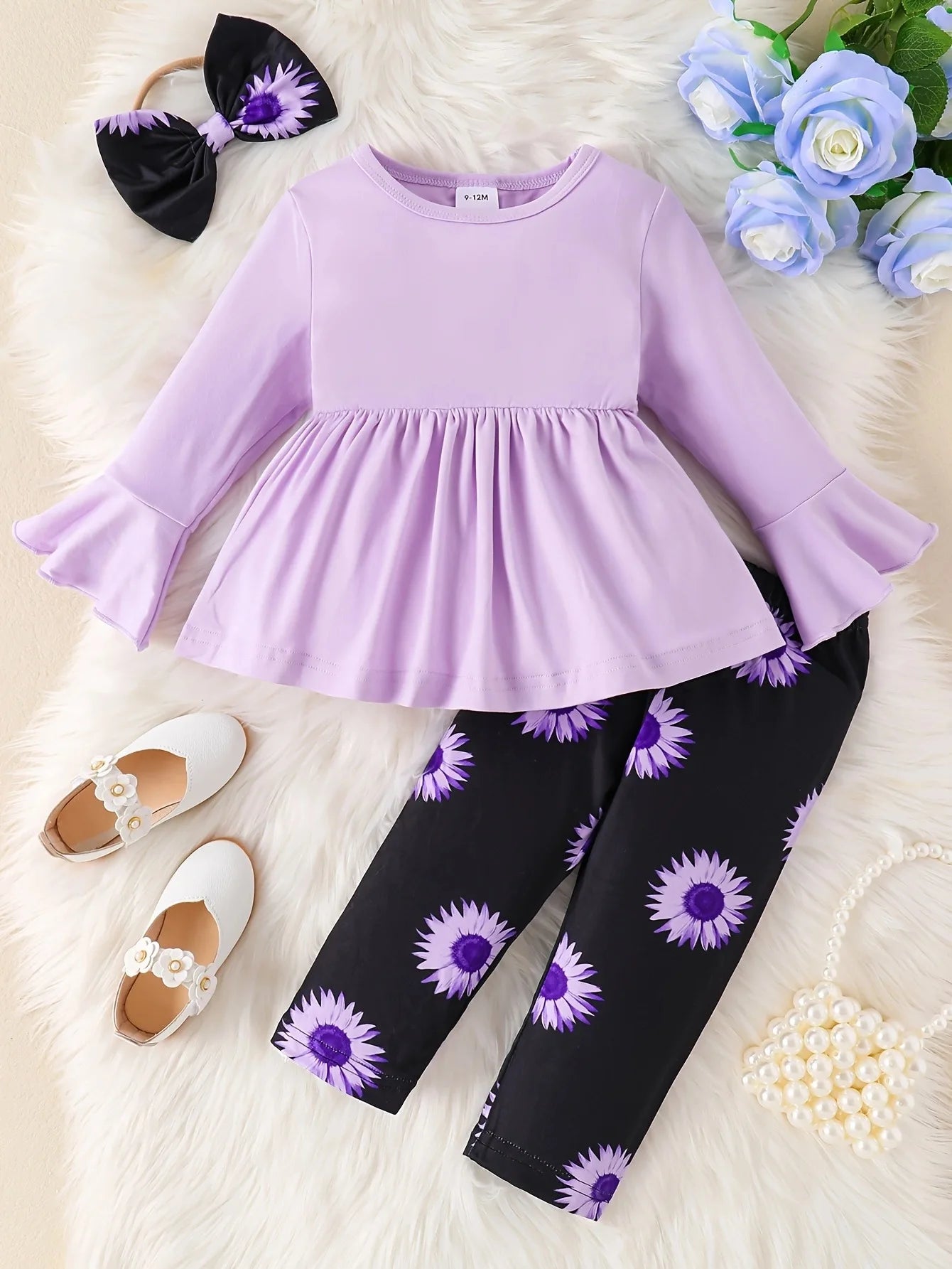 0-3 Year Old New Baby Girl Spring and Autumn Solid Color Pullover Horn Long sleeved Top Full Print Pants Set