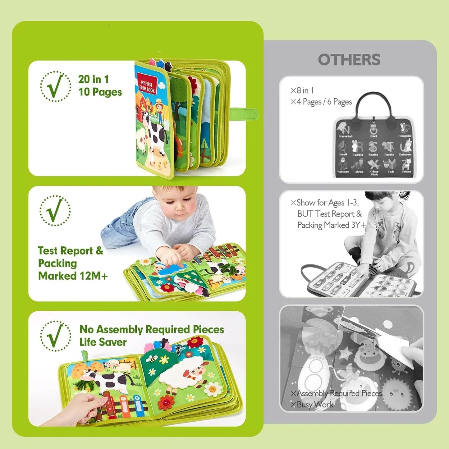 Montessori Busy Book Baby Early Education Book Farm Animal Scene Storytelling Activity Toy Fine Motor Quiet Book for Toddlers