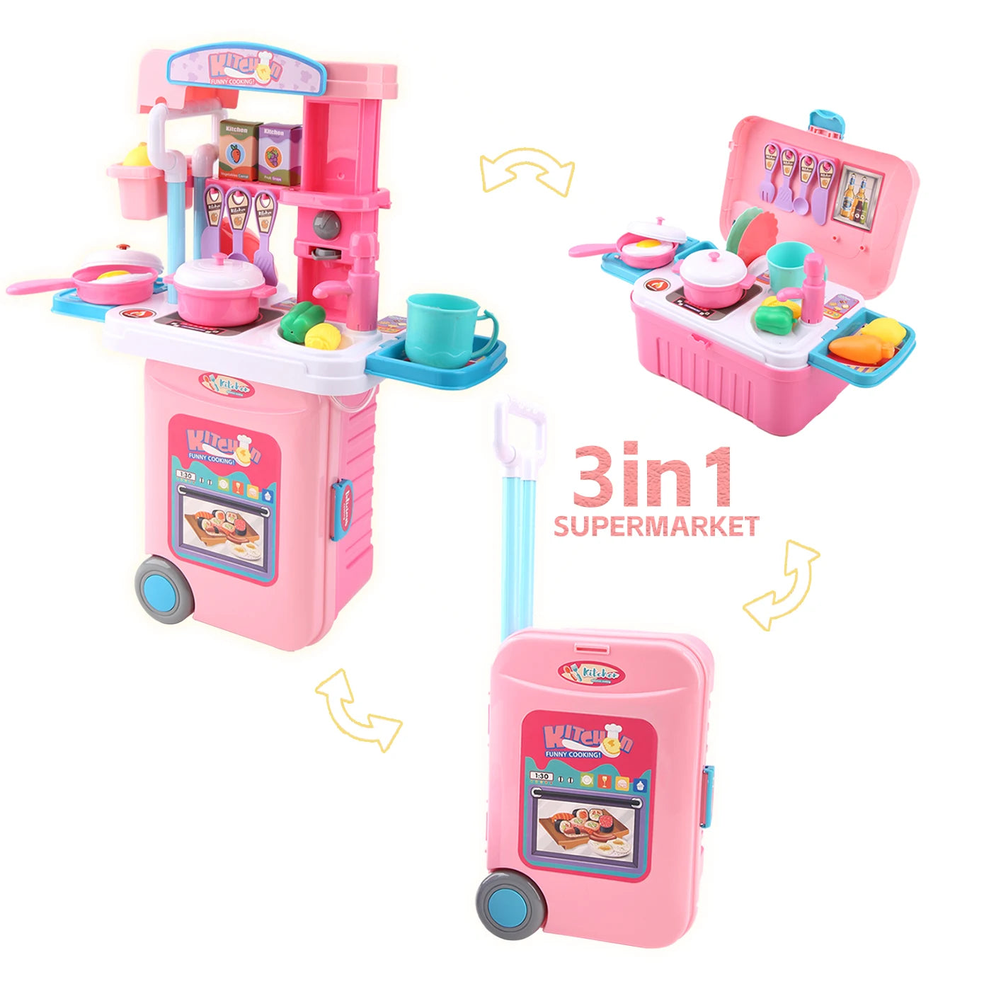 Mini 3-in-1 Kitchen Set Toy Kitchen Pretend Play Integrates Storage Boxes and Tableware Sets Portable Suitcase Cooking Kits Toys