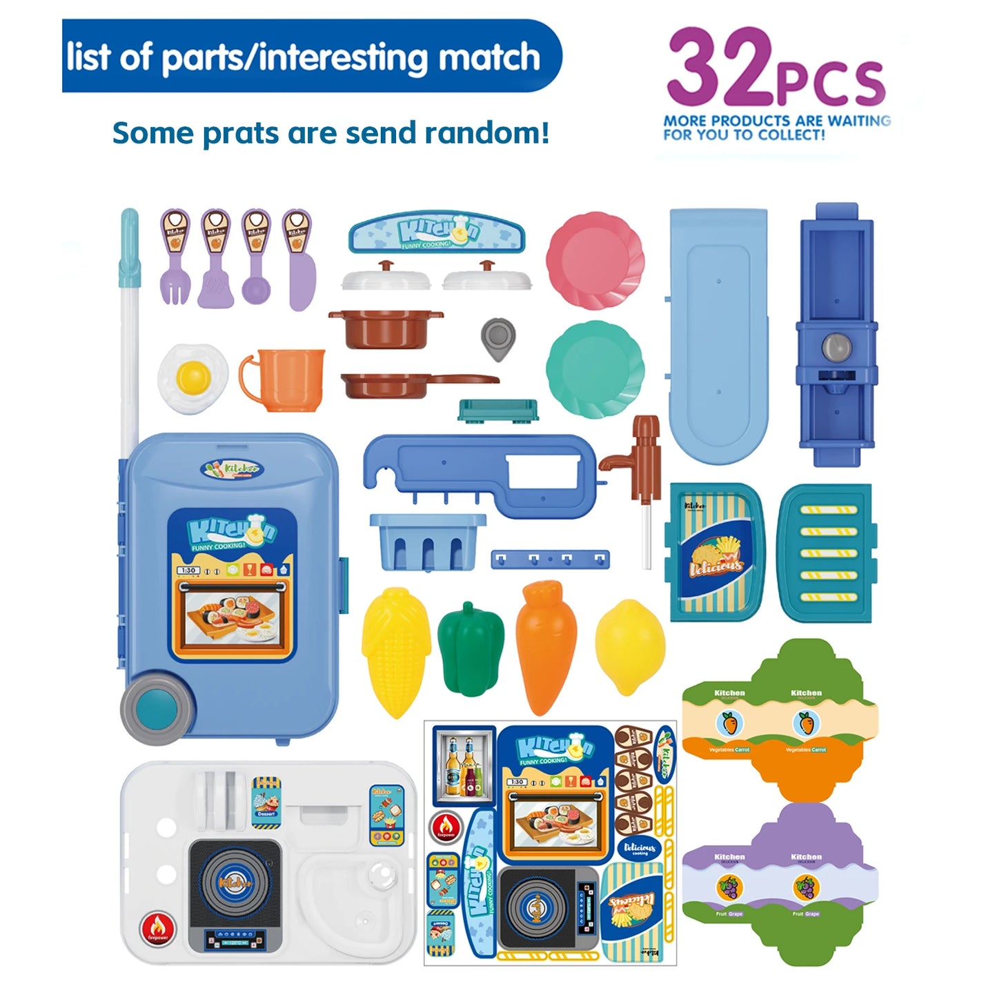 Mini 3-in-1 Kitchen Set Toy Kitchen Pretend Play Integrates Storage Boxes and Tableware Sets Portable Suitcase Cooking Kits Toys