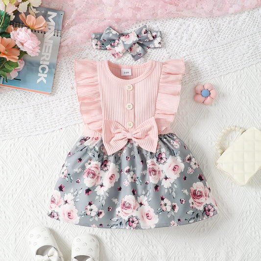 0-2 Year Old Short Sleeved Round Neck Cute Casual Summer Cotton Bow Headscarf Girl Daily Dress Baby Wear