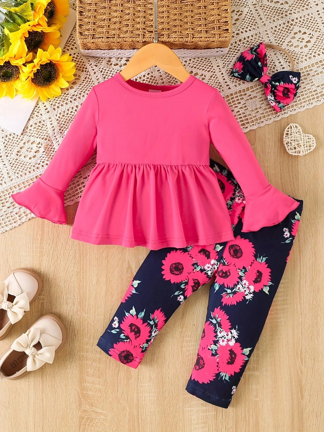 0-3 Year Old New Baby Girl Spring and Autumn Solid Color Pullover Horn Long sleeved Top Full Print Pants Set