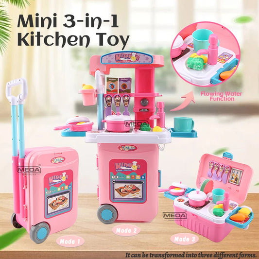 Mini 3-in-1 Kitchen Set Toy Kitchen Pretend Play Integrates Storage Boxes and Tableware Sets Portable Suitcase Cooking Kits Toys