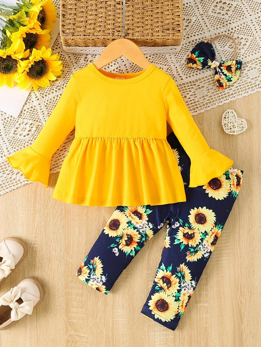 0-3 Year Old New Baby Girl Spring and Autumn Solid Color Pullover Horn Long sleeved Top Full Print Pants Set