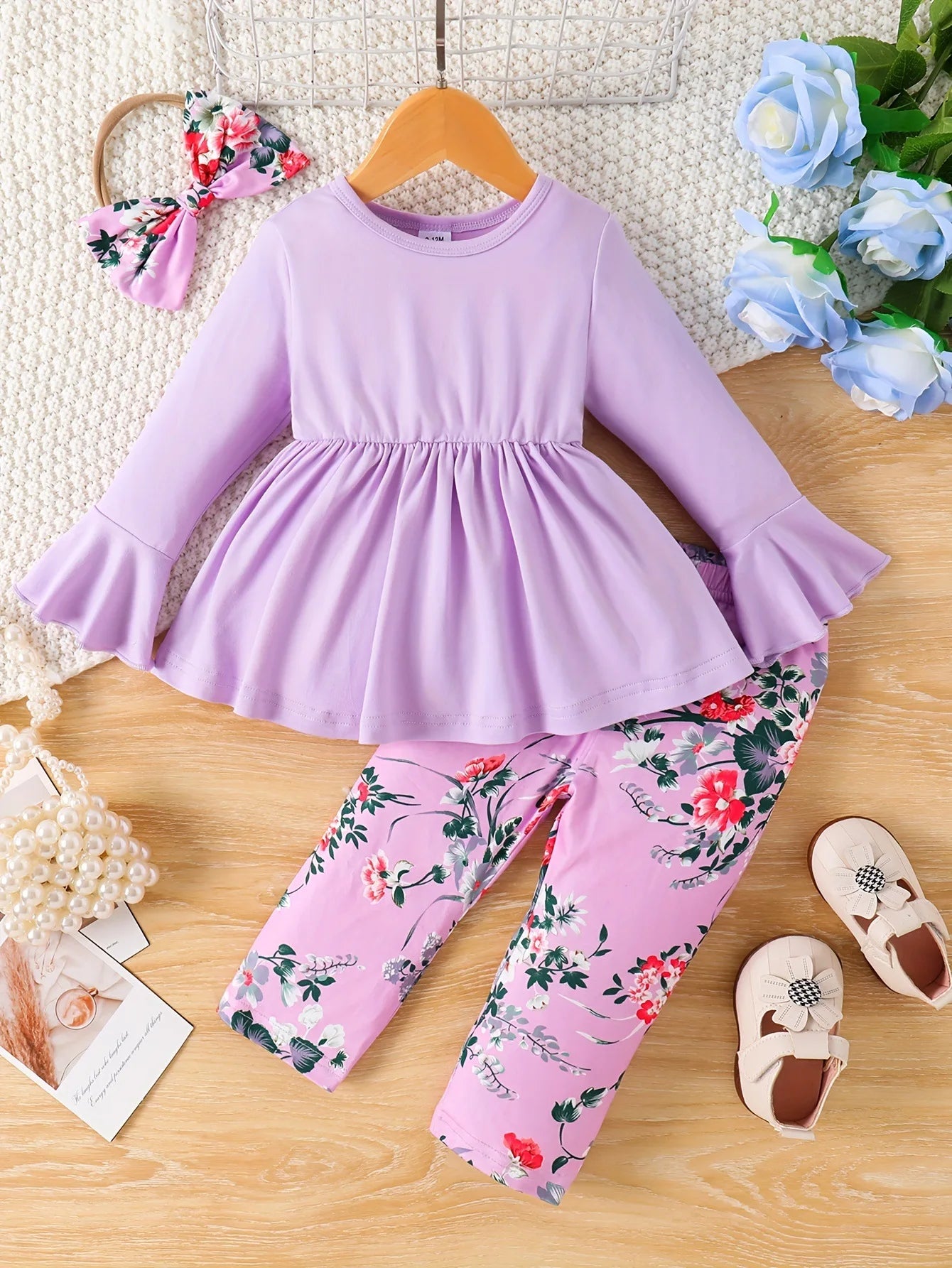 0-3 Year Old New Baby Girl Spring and Autumn Solid Color Pullover Horn Long sleeved Top Full Print Pants Set