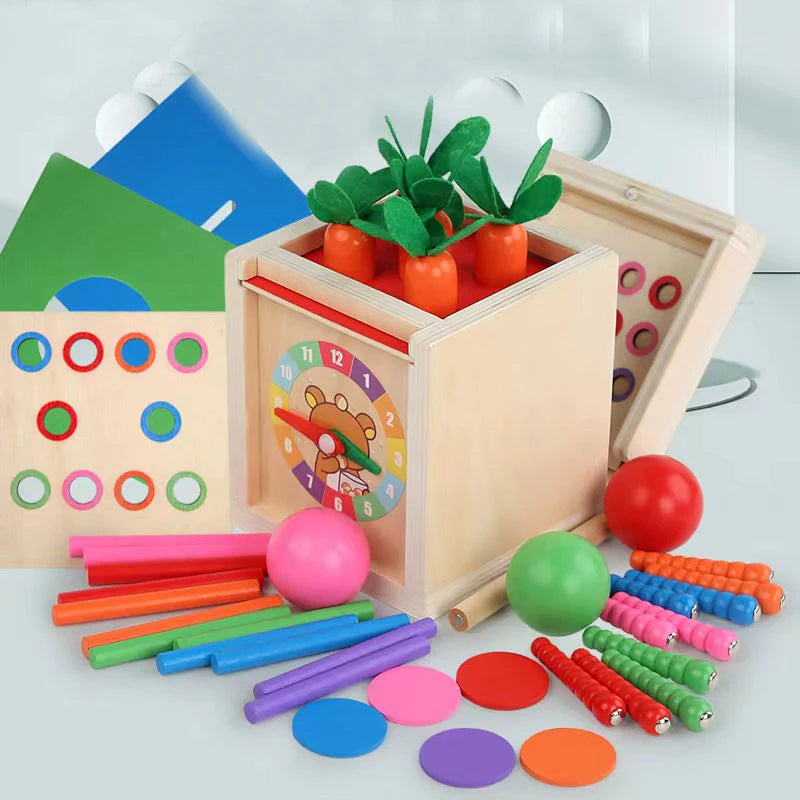 6-in-1 Wooden Montessori Toy Play Kit Object Permanence Box Play Set with Coin Box Carrot Harvest Shape Sorter Ball Drop Toy