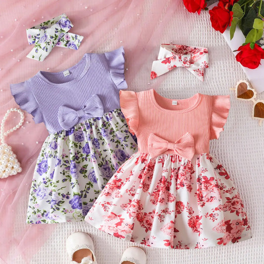 Dress for Kids Newborn 1-24Months Cute Bow Floral Dress for Short Sleeve 2025 New Summer Birthday Princess Dresses for Baby Girl